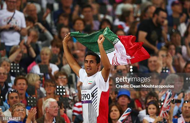 Javad Hardani of the Islamic Republic of Iran celebrates as he wins gold in the Men's Discus Throw F37/38 Finalon day 9 of the London 2012 Paralympic...