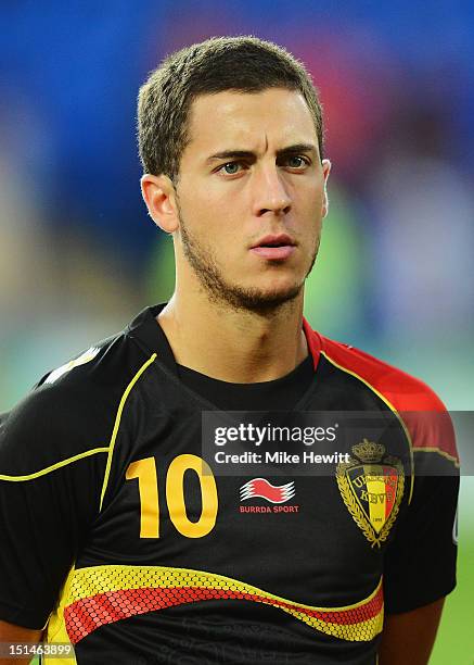 Eden Hazard of Belgium lines up for the National Anthems prior to the FIFA 2014 World Cup Group A Qualifier between Wales and Belgium at Cardiff City...