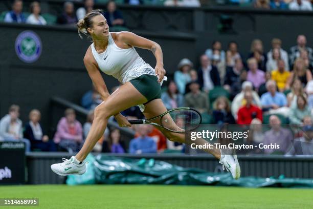 Aryna Sabalenka of Belarus plays a shot through her legs during her match against Anna Udvardy of Hungary in the Ladies' Singles first round match on...