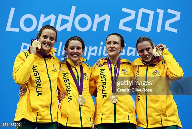 Gold medallists Ellie Cole, Katherine Downie, Annabelle Williams and Jacqueline Freney of Australia pose on the podium during the medal ceremony for...