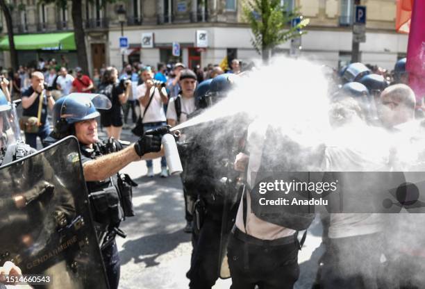 Clashes occur during a march in the memory of victim of police violence in 2016 Adama Traore in Paris on July 8 and to protest the death of...