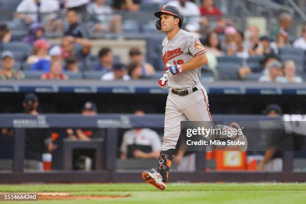 Adam Frazier of the Baltimore Orioles rounds third base after hitting a two-run home run in the fifth inning against the New York Yankees at Yankee...