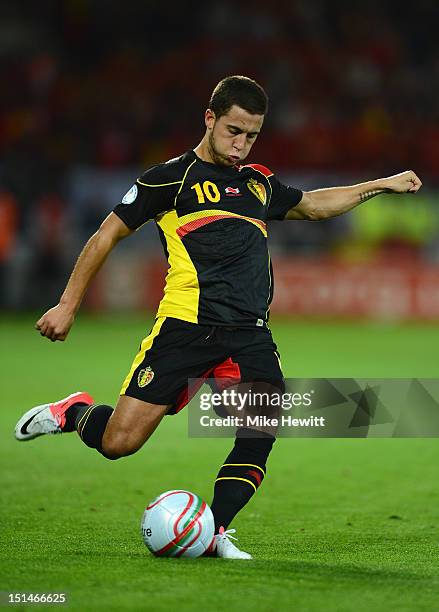 Eden Hazard of Belgium in action during the FIFA 2014 World Cup Group A Qualifier between Wales and Belgium at Cardiff City Stadium on September 7,...