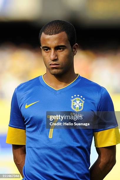 Lucas of Brazil stands during the national anthem prior to an international friendly match between Brazil and South Africa at Morumbí Stadium on...