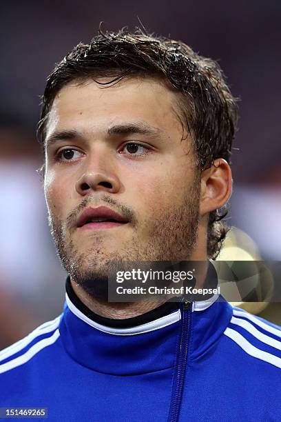 Rogvi Baldvinsson of Faeroe Islands poses prior to the FIFA 2014 World Cup Qualifier group C match between Germany and Faeroe Islands at AWD Arena on...