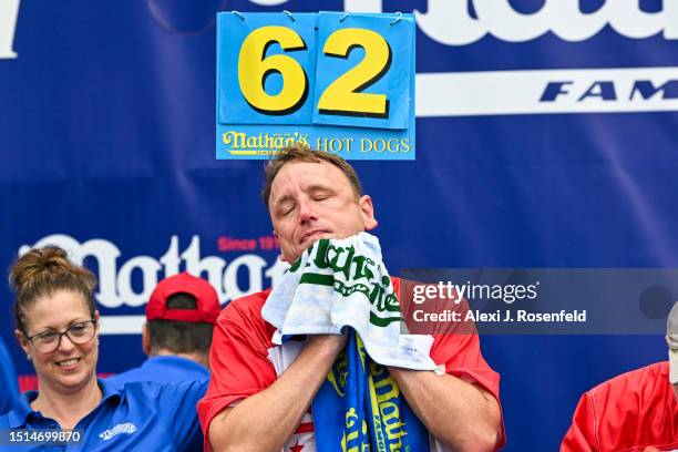 Defending champion Joey Chestnut competes in the 2023 Nathan's Famous Fourth of July International Hot Dog Eating Contest on July 4, 2023 at Coney...