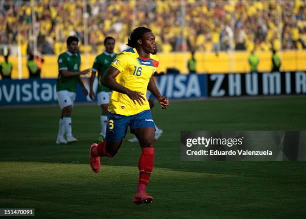 Felipe Caicedo of Ecuador celebrates a goal during a match between Ecuador and Bolivia as part of the South American Qualifiers for the FIFA Brazil...