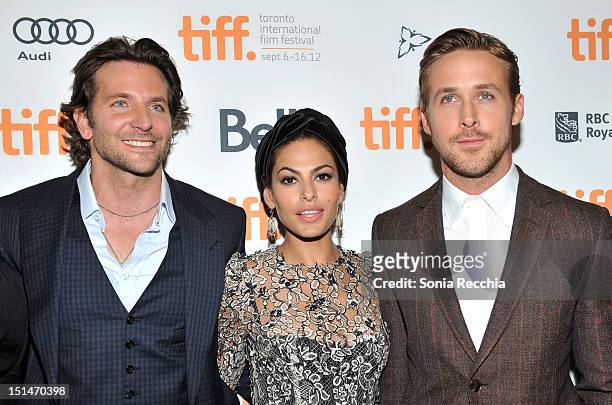 Actors Bradley Cooper, Eva Mendes and Ryan Gosling attend "The Place Beyond The Pines" premiere during the 2012 Toronto International Film Festival...