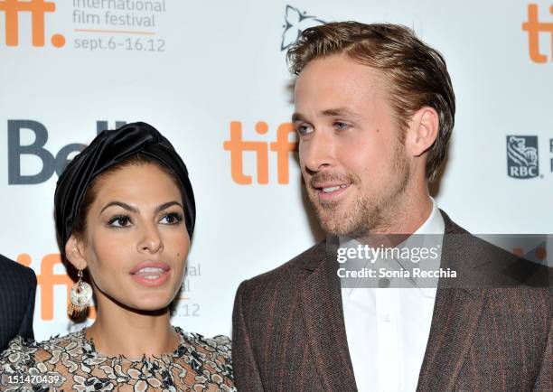 Actors Eva Mendes and Ryan Gosling attend "The Place Beyond The Pines" premiere during the 2012 Toronto International Film Festival at Princess of...