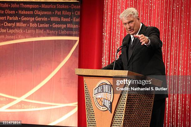 September 7: Inductee Don Nelson speaks to the audience during the 2012 Basketball Hall of Fame Enshrinement Ceremony on September 7, 2012 at...