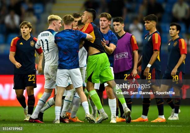 Players from both sides tussle during the UEFA Under-21 EURO 2023 Final match between England and Spain at the Batumi Arena on July 8, 2023 in...