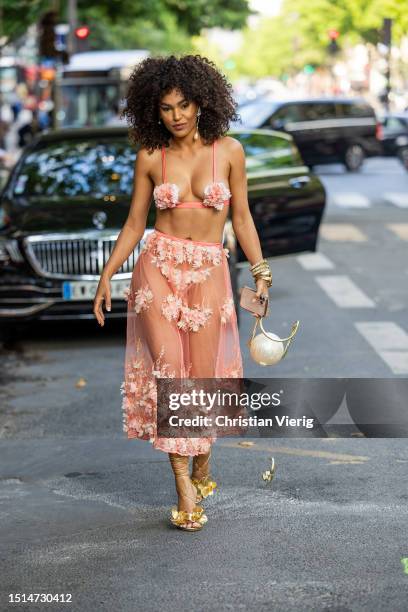 Leila Depina is seen wearing transparent skirt, top, bag outside Giambattista Valli during the Haute Couture Fall/Winter 2023/2024 as part of Paris...