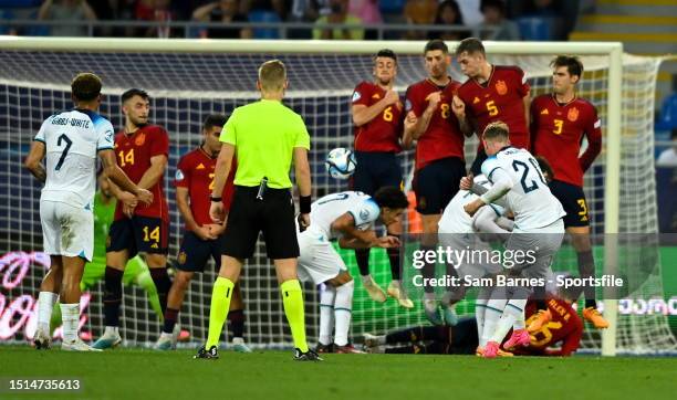 Cole Palmer of England shoots to score his side's first goal during the UEFA Under-21 EURO 2023 Final match between England and Spain at the Batumi...