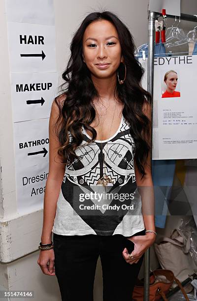 Designer Jen Kao poses backstage at the Jen Kao Spring 2013 fashion show during Mercedes-Fashion Week at the New York Public Library - Celeste Bartos...