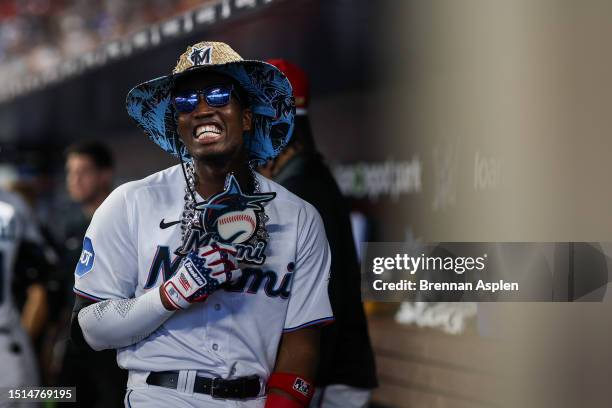 Jesus Sanchez of the Miami Marlins celebrates a home run in the first inning against the St. Louis Cardinals at loanDepot park on July 04, 2023 in...