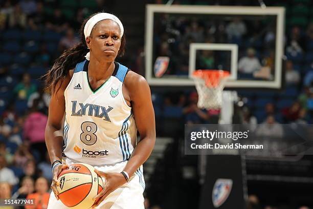 Taj McWilliams-Franklin of the Minnesota Lynx looks to pass against the Atlanta Dream during the WNBA game on September 7, 2012 at Target Center in...