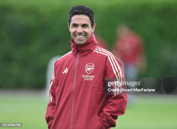 Arsenal manager Mikel Arteta during a training session at London Colney on July 04, 2023 in St Albans, England.