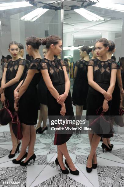 Model displays fashion at the Tocca spring 2013 presentation during Mercedes-Benz Fashion Week on September 7, 2012 in New York City.