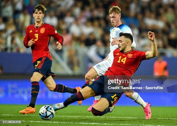 Cole Palmer of England in action against Aitor Paredes of Spain during the UEFA Under-21 EURO 2023 Final match between England and Spain at the...