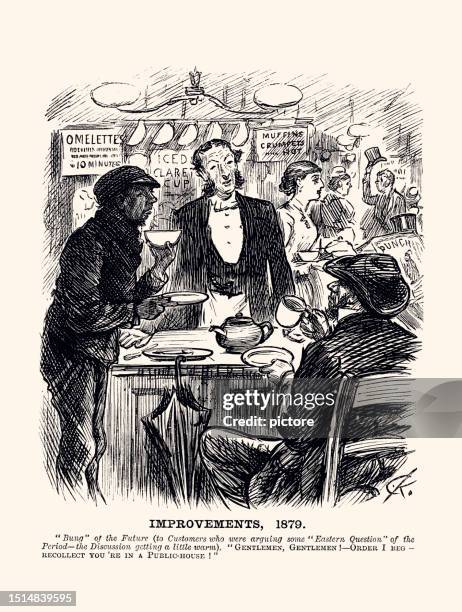 stockillustraties, clipart, cartoons en iconen met bristish satire: improvements,1879 (xxxl with many details) - restauratiestijl