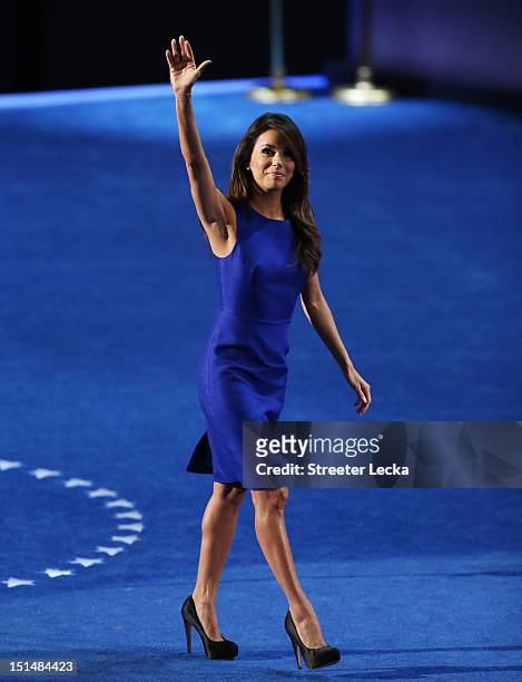Actress Eva Longoria walks on stage during the final day of the Democratic National Convention at Time Warner Cable Arena on September 6, 2012 in...