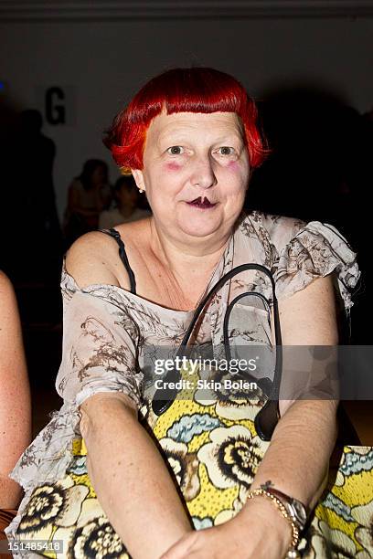 Contributing Fashion Editor for Vogue.com Lynn Yaeger attends the Suno spring 2013 fashion show during Mercedes-Benz Fashion Week at Milk Studios on...