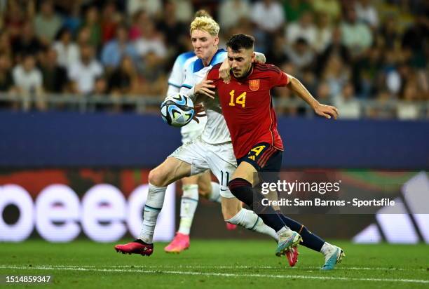 Aitor Paredes of Spain in action against Anthony Gordon of England during the UEFA Under-21 EURO 2023 Final match between England and Spain at the...