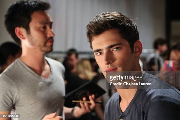 Model Sean O'Pry prepares backstage at the Billy Reid spring 2013 fashion show during Mercedes-Benz Fashion Week at Eyebeam on September 7, 2012 in...