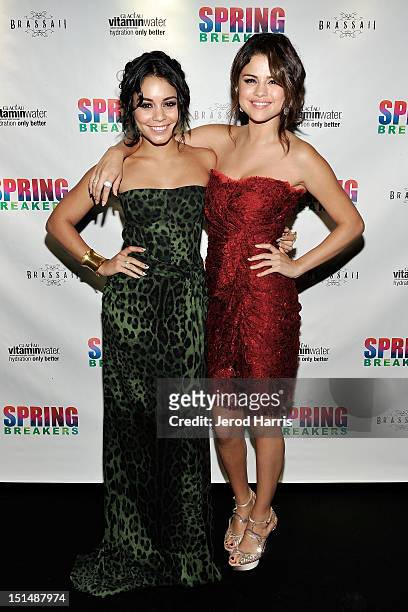 Actresses Vanessa Hudgens and Selena Gomez attend the vitaminwater post party for the cast of "Spring Breakers" during the 2012 Toronto International...