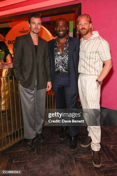 Brett Staniland, Mark Ebulue and Alistair Guy attend the Tissot Sideral campaign launch event on July 4, 2023 in London, England.