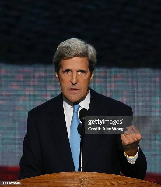 Sen. John Kerry speaks on stage during the final day of the Democratic National Convention at Time Warner Cable Arena on September 6, 2012 in...