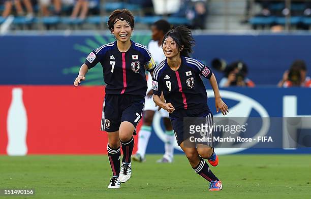 Yoko Tanaka of Japan celebrates after she scores her team's opening goal during the FIFA U-20 Women's World Cup Japan 2012, Third place match between...