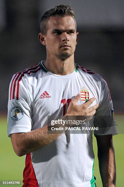 Hungary's midfielder Vladimir Koman of Hungary national football team poses prior to the World Cup 2014 group D qualifying football match Andorra vs...