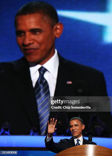 Democratic presidential candidate, U.S. President Barack Obama speaks on stage to accept the nomination for president during the final day of the...