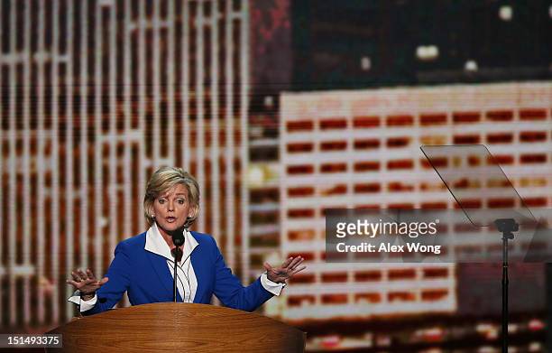 Former Michigan Gov. Jennifer Granholm speaks on stage during the final day of the Democratic National Convention at Time Warner Cable Arena on...