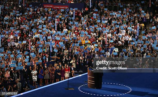 Democratic presidential candidate, U.S. President Barack Obama speaks on stage as he accepts the nomination for president during the final day of the...