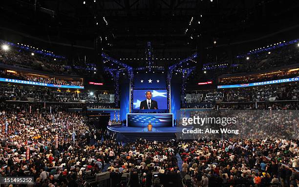 Democratic presidential candidate, U.S. President Barack Obama speaks on stage as he accepts the nomination for president during the final day of the...