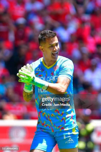 Raul Gudino, goalkeeper of Necaxa gestures during the 1st round match between Toluca and Necaxa as part of the Torneo Apertura 2023 Liga MX at...