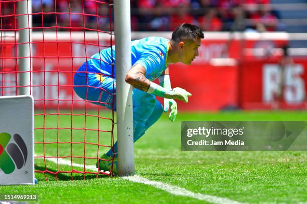 Raul Gudino, goalkeeper of Necaxa looks on during the 1st round match between Toluca and Necaxa as part of the Torneo Apertura 2023 Liga MX at...