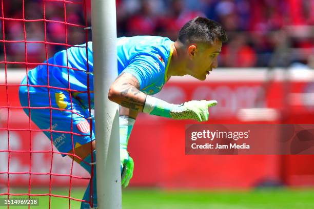 Raul Gudino, goalkeeper of Necaxa gestures during the 1st round match between Toluca and Necaxa as part of the Torneo Apertura 2023 Liga MX at...