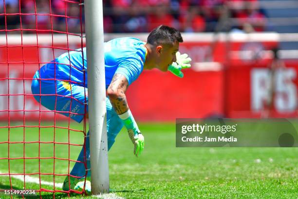 Raul Gudino, goalkeeper of Necaxa gestures during the 1st round match between Toluca and Necaxa as part of the Torneo Apertura 2023 Liga MX at...