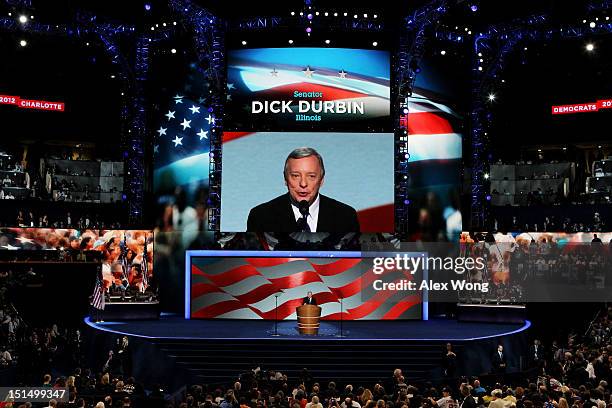 Sen. Dick Durbin speaks on stage during the final day of the Democratic National Convention at Time Warner Cable Arena on September 6, 2012 in...