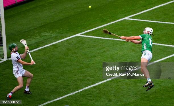 Dublin , Ireland - 8 July 2023; Aaron Gillane of Limerick shoots past Galway goalkeeper Éanna Murphy, only for the sliotar to rebound, but he scored...
