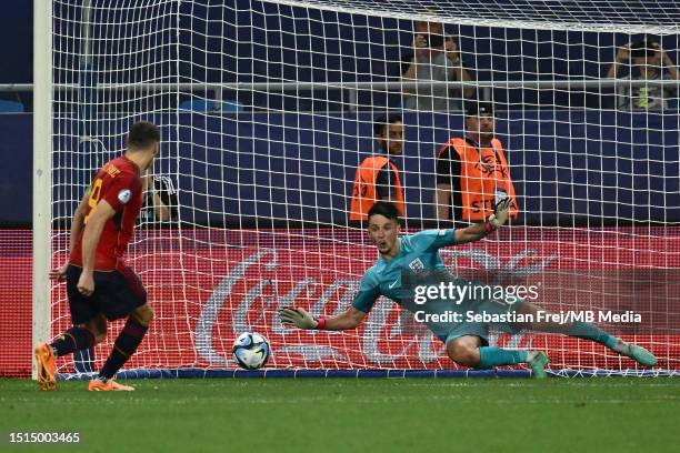 James Trafford of England saves the penalty of Abel Ruiz of Spain during the UEFA Under-21 Euro 2023 final match between England and Spain on July 8,...