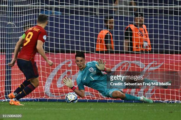 James Trafford of England saves the penalty of Abel Ruiz of Spain during the UEFA Under-21 Euro 2023 final match between England and Spain on July 8,...