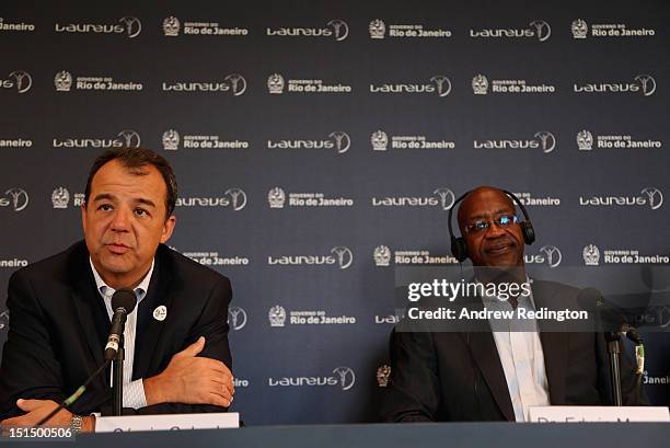 Sérgio Cabral, Governor of the State of Rio de Janeiro, and Edwin Moses, Chairman of Laureus, address the media during the press conference to...