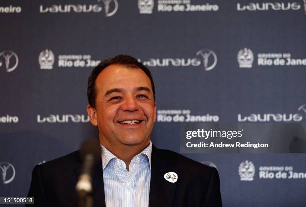 Sergio Cabral, Governor of the State of Rio de Janeiro, addresses the room during the press conference to announce that the 2013 and 2014 Laureus...