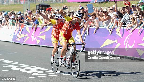 Josefa Benitez Guzman and Maria Noriega of Spain celebrate winning silver in the Women's Individual B road race on day 10 of the London 2012...