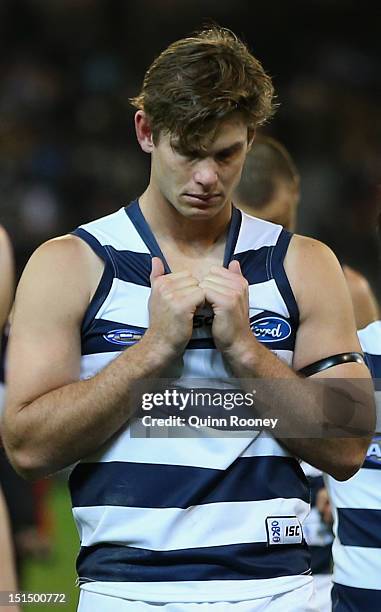 Tom Hawkins of the Cats looks dejected after being defeated by the Dockers in the Second AFL Elimination Final match between the Geelong Cats and the...