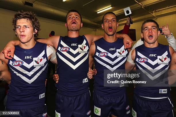 The Dockers sing the song in the rooms after winning the Second AFL Elimination Final match between the Geelong Cats and the Fremantle Dockers at the...